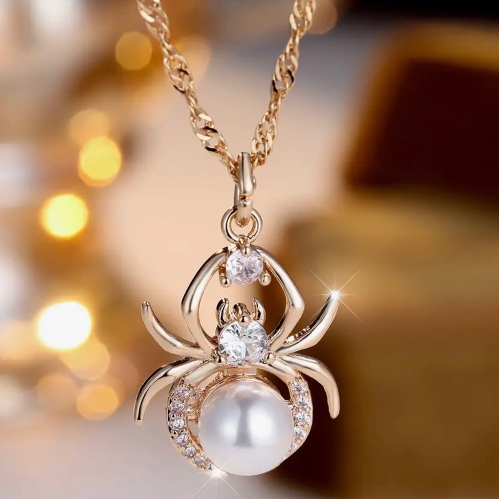 Gold Pearl Spider Pendant Necklace - Elegant Women's Jewelry